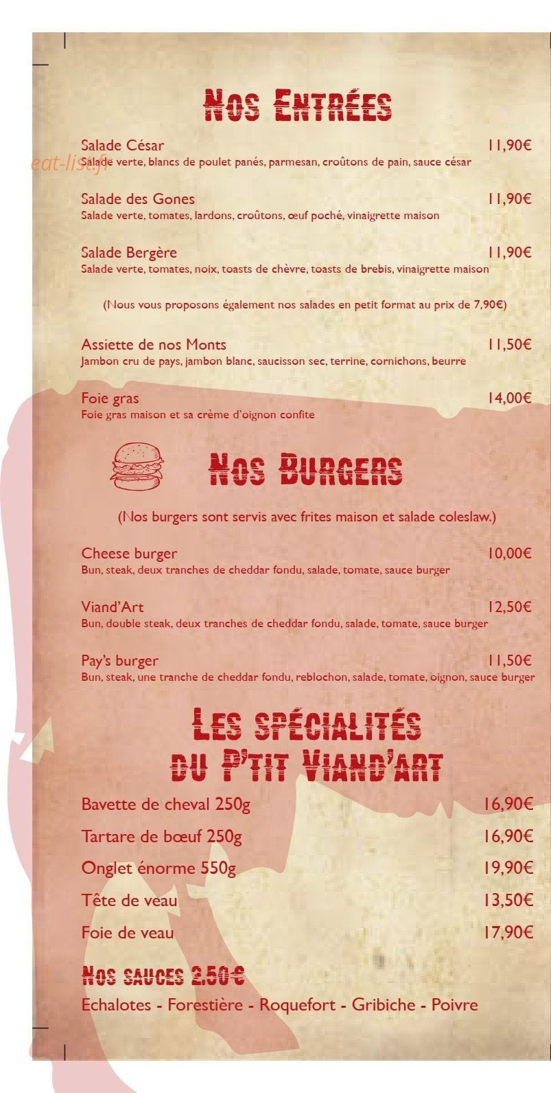 Carte et menu de Le P'tit Viand'Art à Saint Martin en Haut — Les entrées, burgers et spécialités