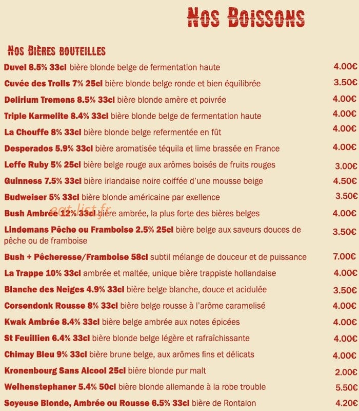 Carte et menu de Le P'tit Viand'Art à Saint Martin en Haut — Les bières bouteilles