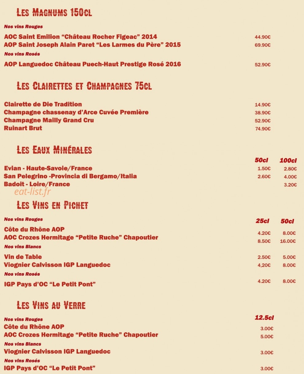 Carte et menu de Le P'tit Viand'Art à Saint Martin en Haut — Les magnums, clairettes, champagnes...