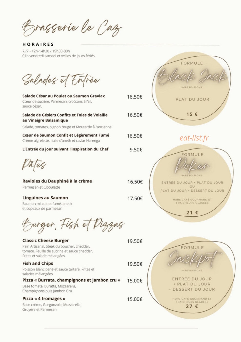 Carte et menu de Brasserie Le Caz à La Tour de Salvagny — Les entrées, salades et pates, ...