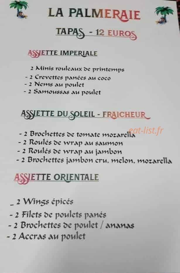 Carte et menu de La palmeraie à La Tour de Salvagny — Tapas