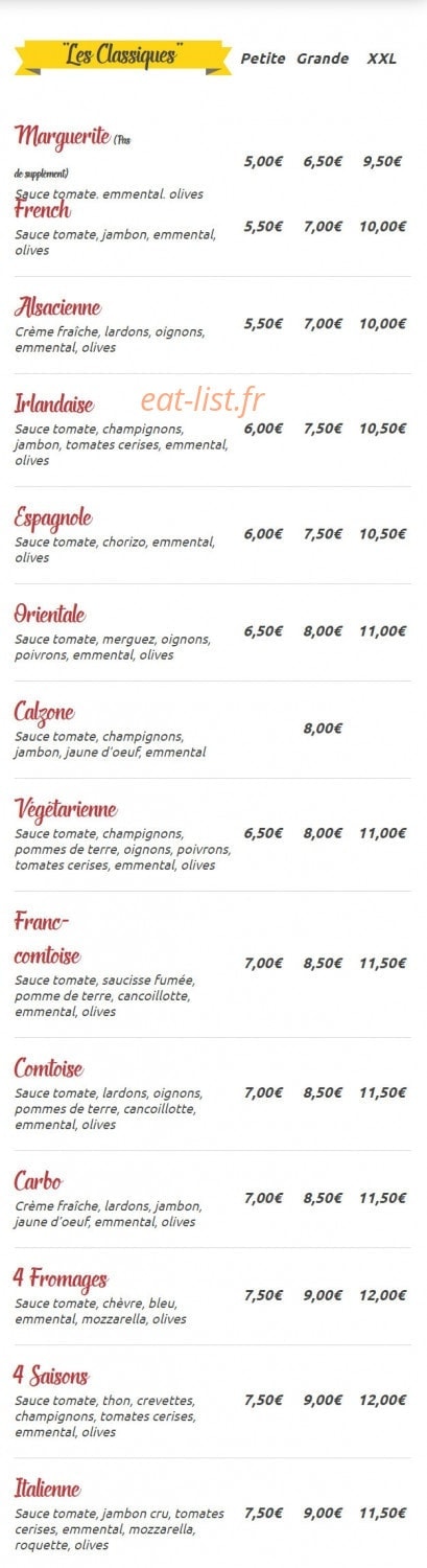 Carte et menu de Rémi et nanie pizz’ à Frotey les Vesoul — Les pizzas classiques