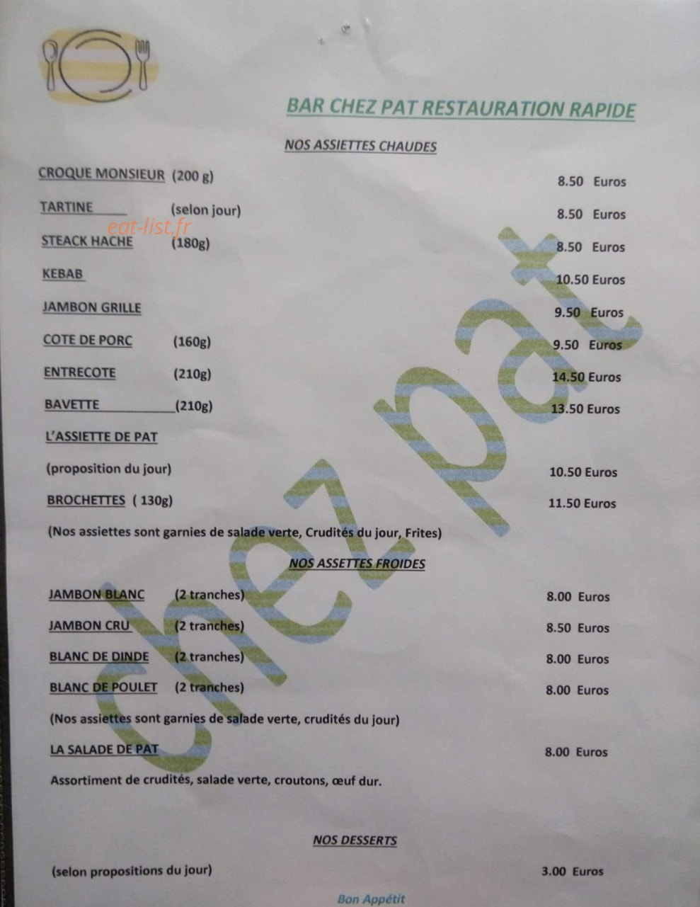 Le Pub Chez Pat — carte page 1