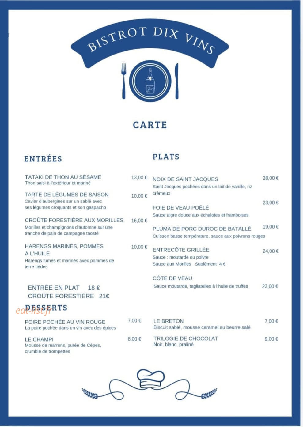 Le Bistrot Dix Vins — carte page 1