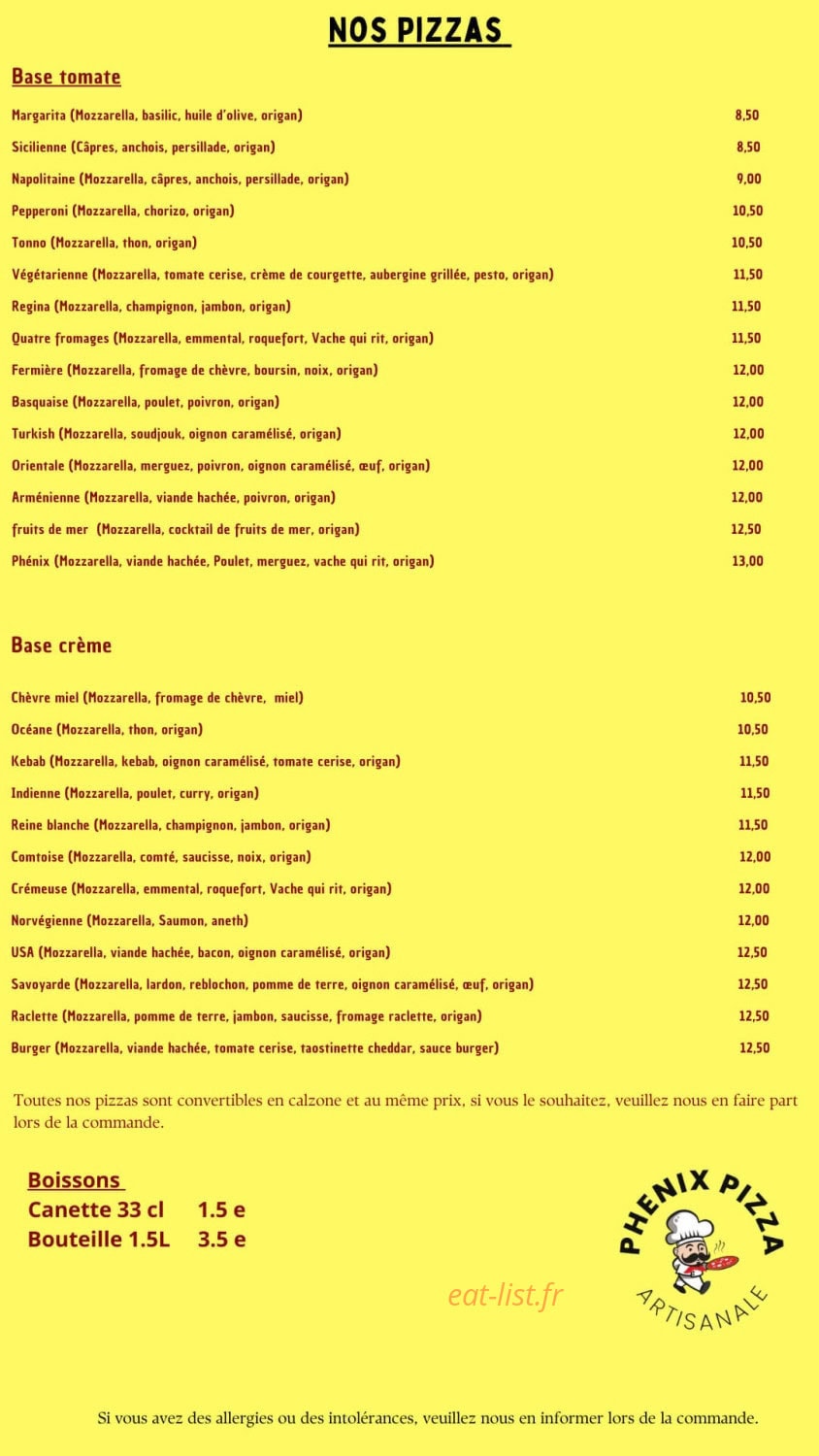Phénix pizza — carte page 1
