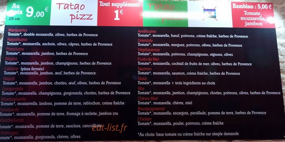 Tatao Pizz — carte page 1
