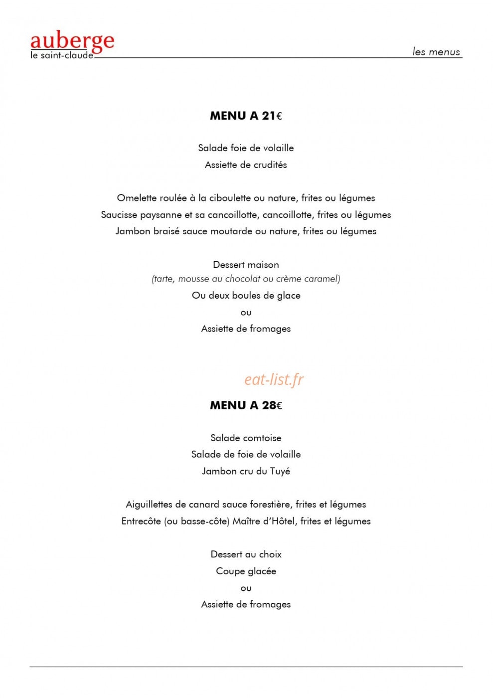 Auberge le Saint Claude — carte page 1