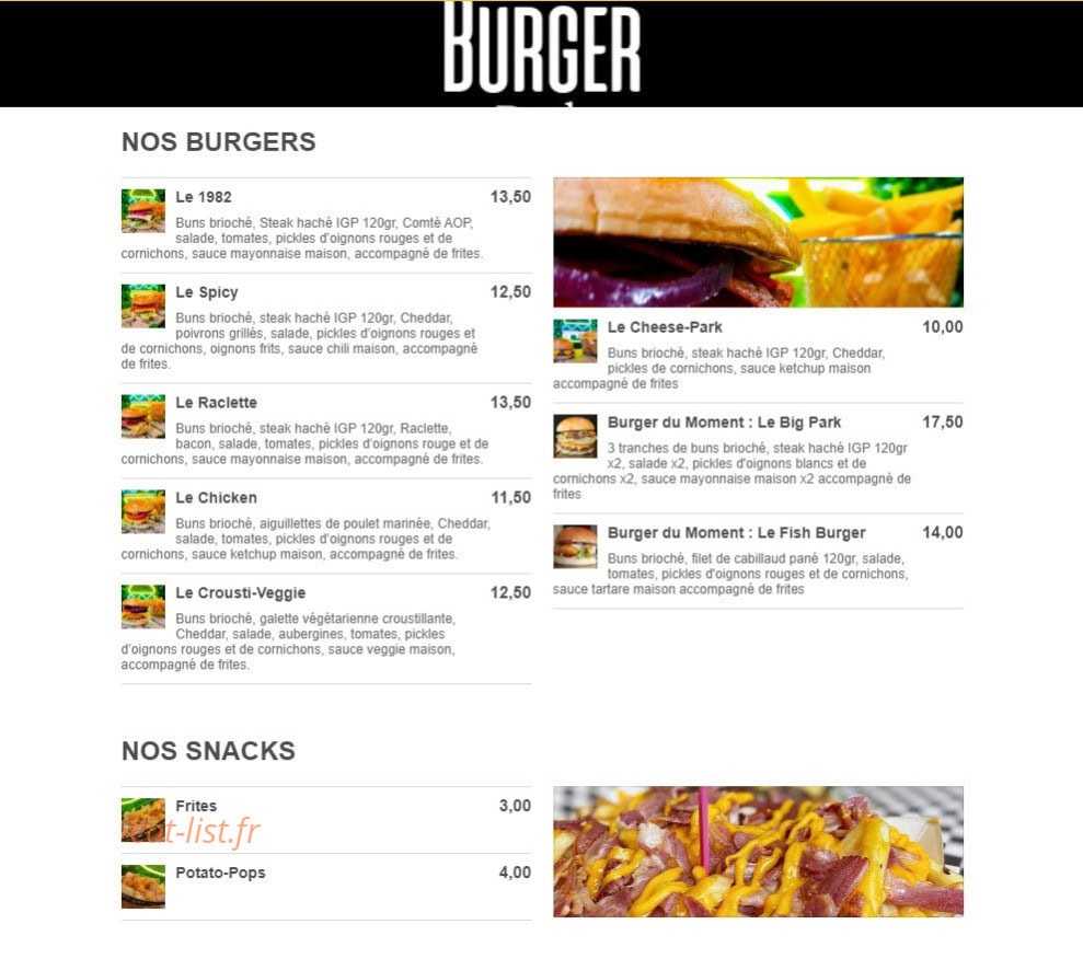 Burger Park — carte page 1