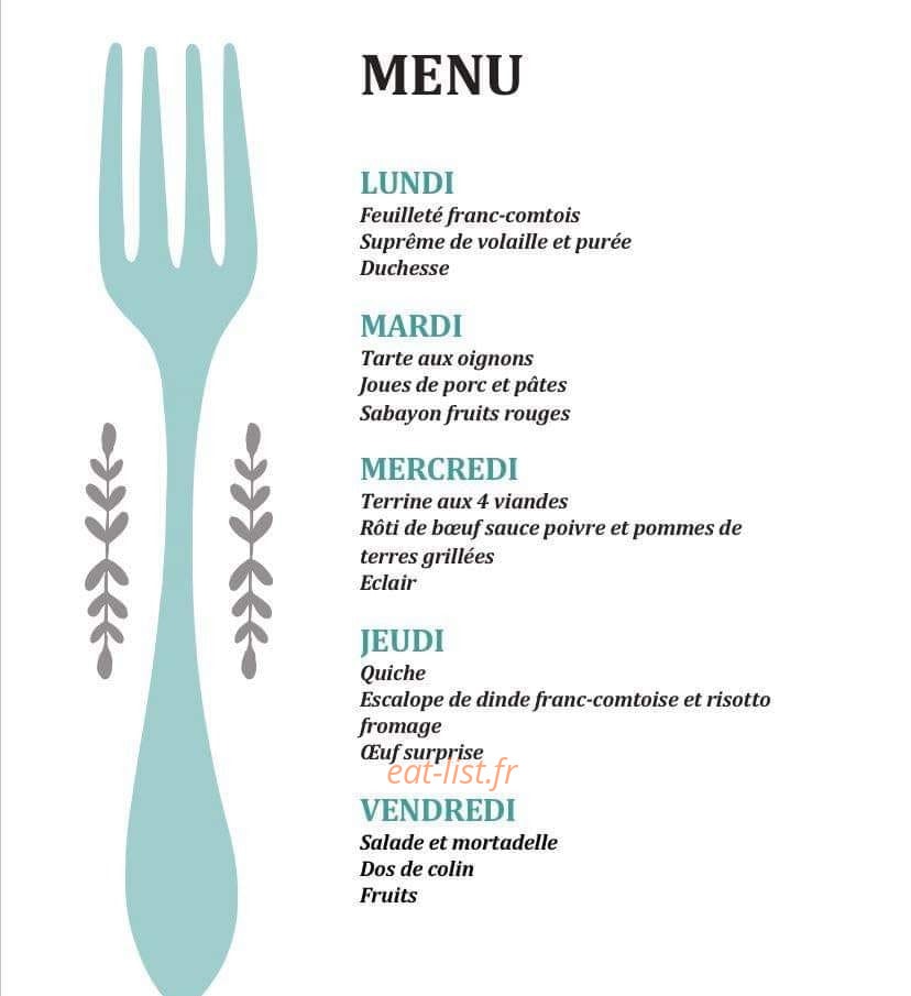 Carte et menu de Auberge Le Fontenois à Fontenois la Ville — Un exemple de menu de la semaine