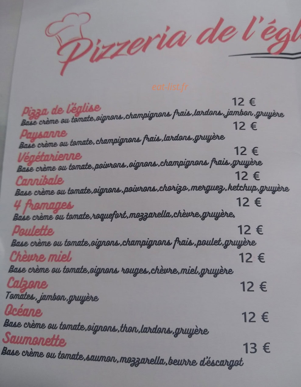 Pizzeria de l'église — carte page 1