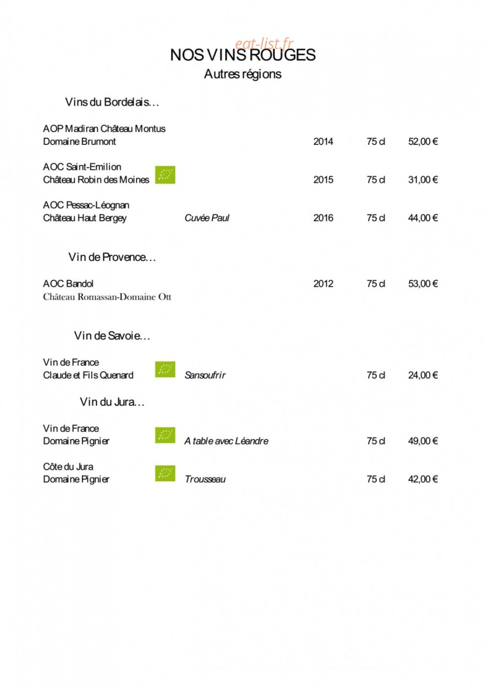 Cassis Restaurant — carte page 15