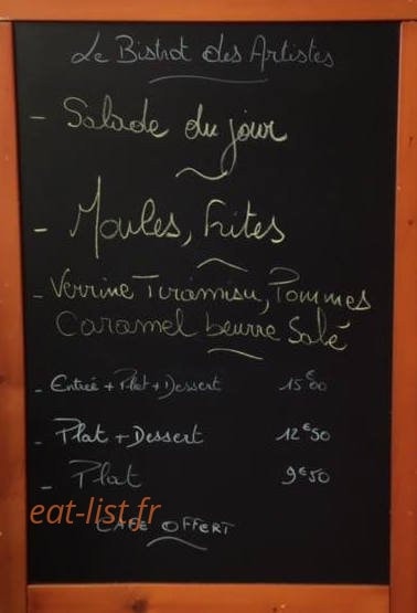 Le Bistrot des Artistes — carte page 1