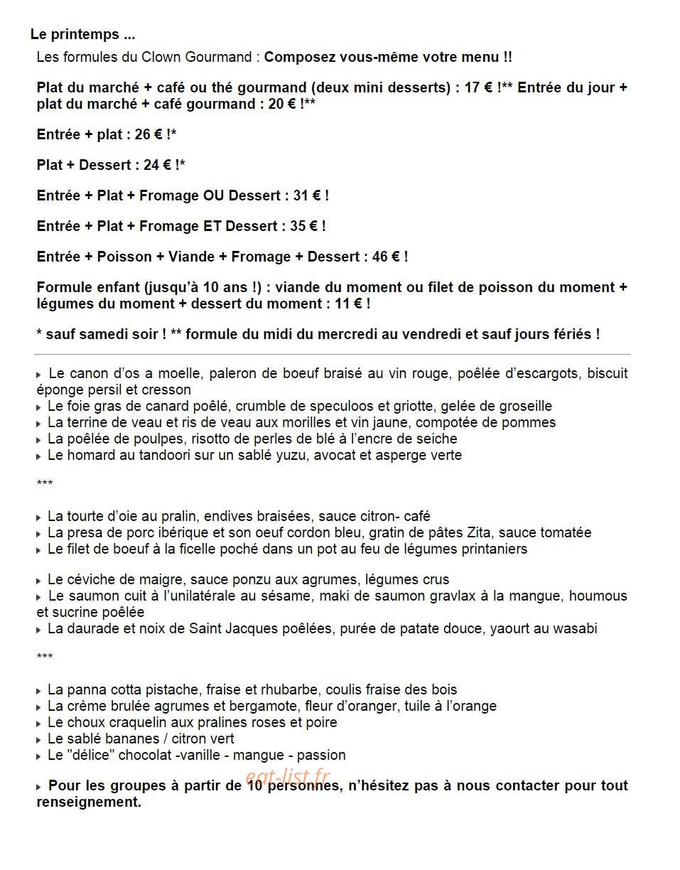 Le Clown Gourmand — carte page 1