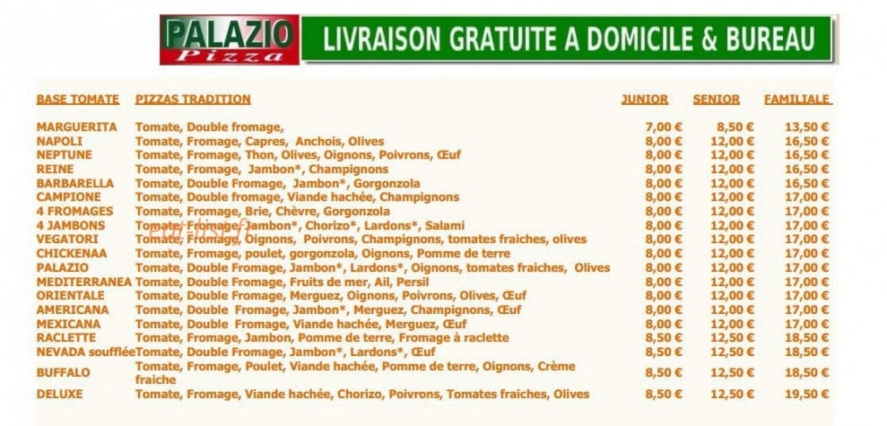 Palazio pizza — carte page 1