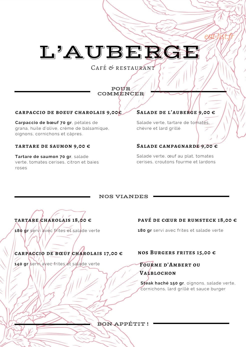 Carte et menu de L'Auberge de St Julien à Saint Julien de Joncy — Pour commencer et viandes