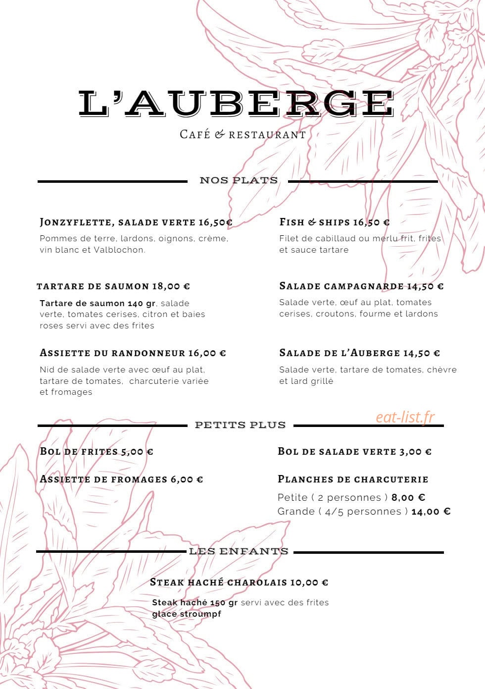 Carte et menu de L'Auberge de St Julien à Saint Julien de Joncy — les plats, menus enfant, ...