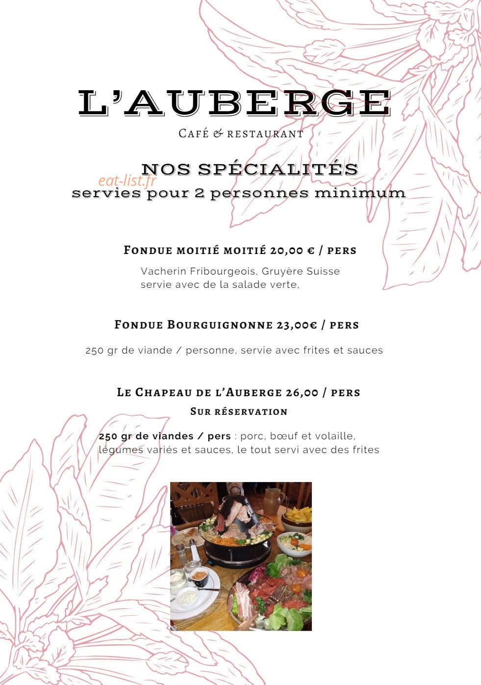 Carte et menu de L'Auberge de St Julien à Saint Julien de Joncy — Les spécilaités