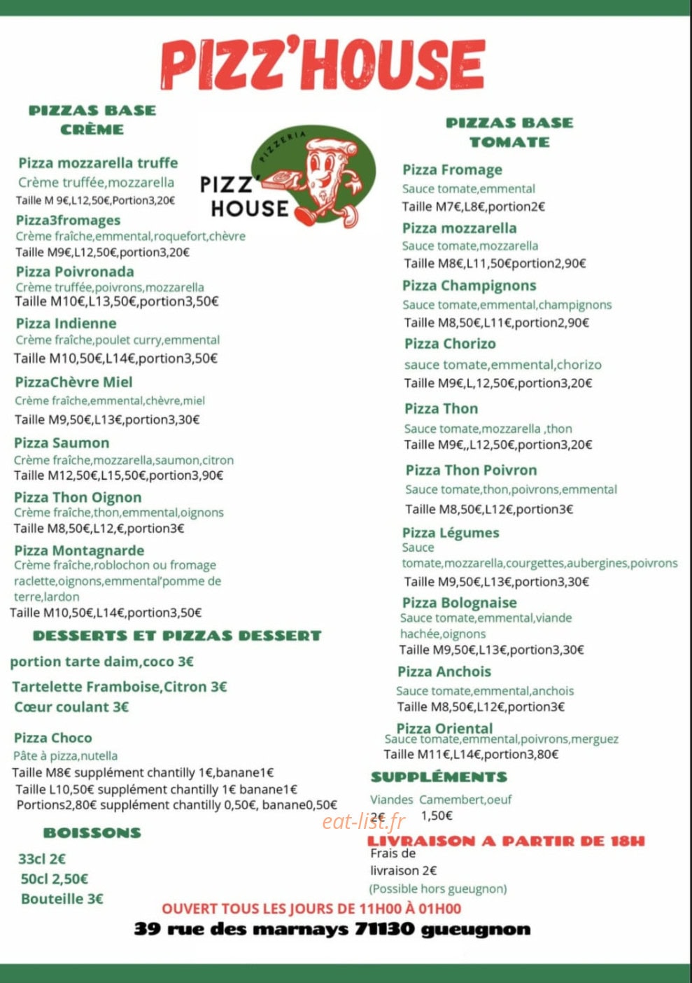 Pizz House — carte page 1