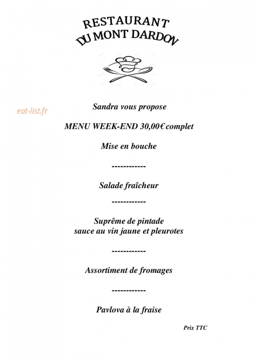 Restaurant Du Mont Dardon — carte page 1