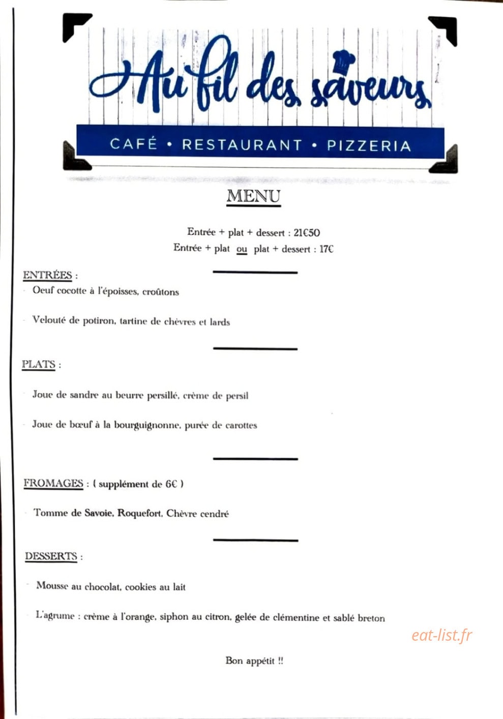 Au fil des saveurs — carte page 1