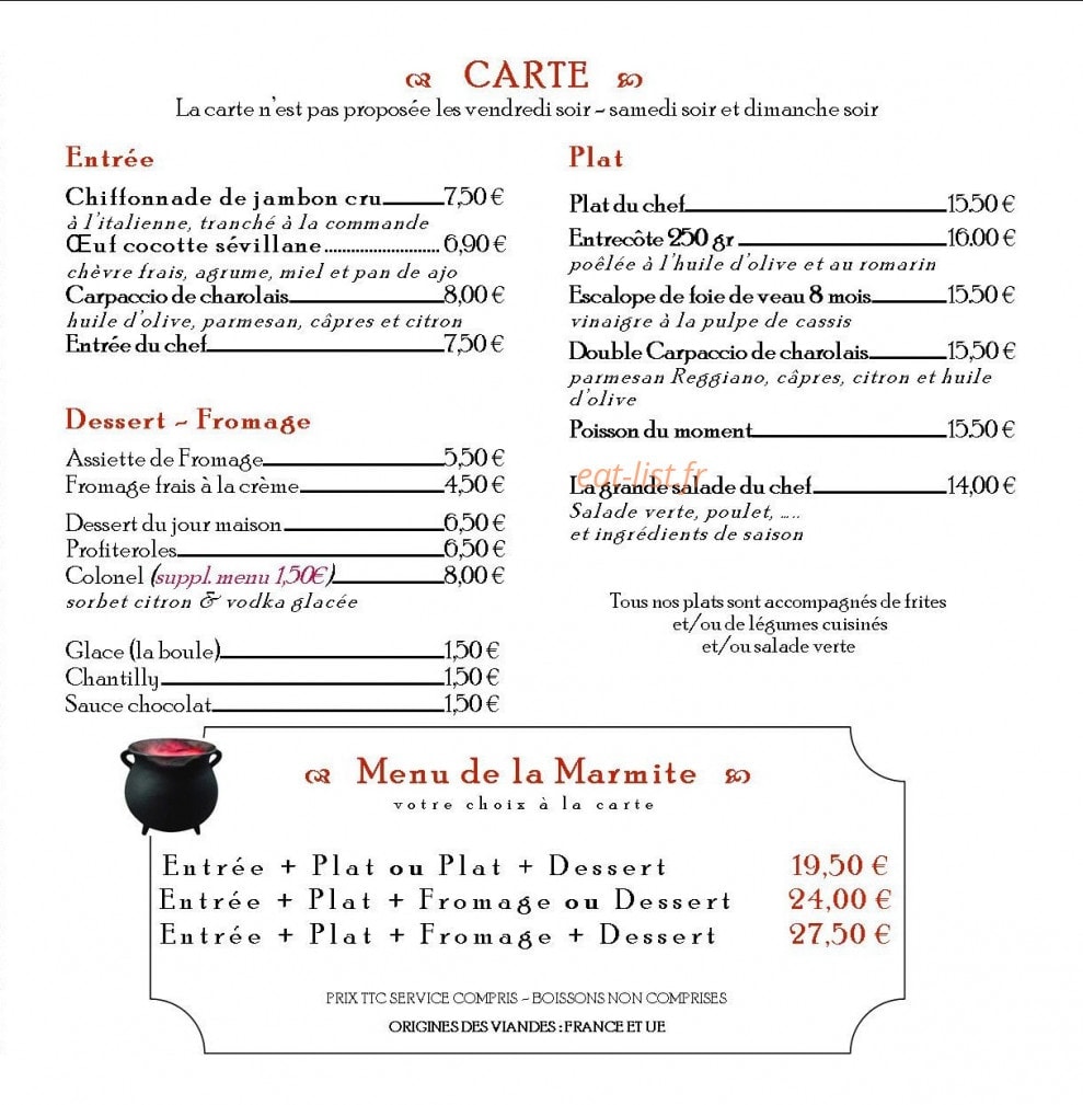 Auberge Le Saint Eugène — carte page 1