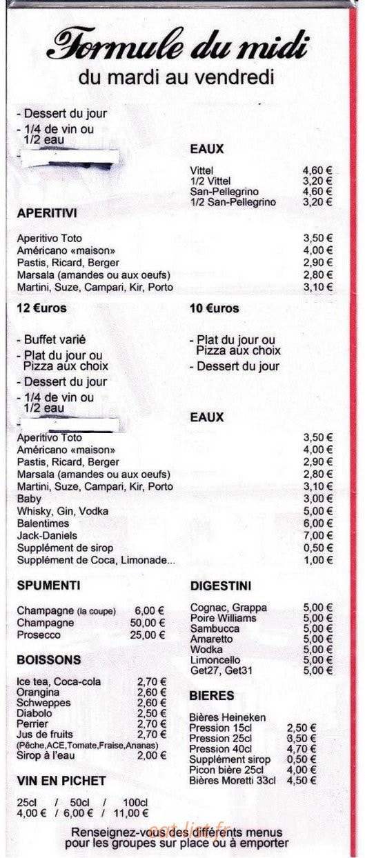 Toto pizzeria — carte page 2