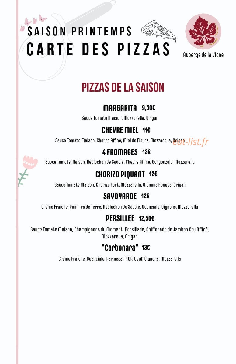 Carte et menu de Auberge de la Vigne à Saint Romain Sous Gourdon — Les pizzas
