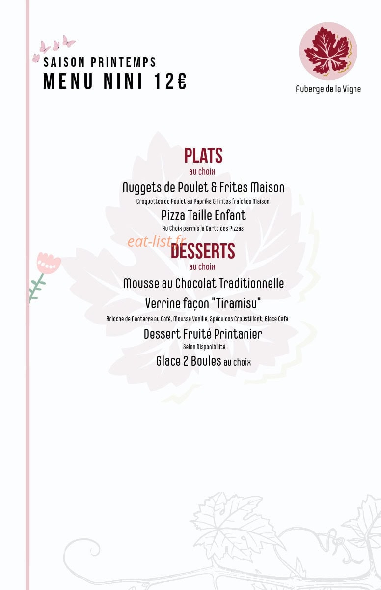 Carte et menu de Auberge de la Vigne à Saint Romain Sous Gourdon — Le menu Nini