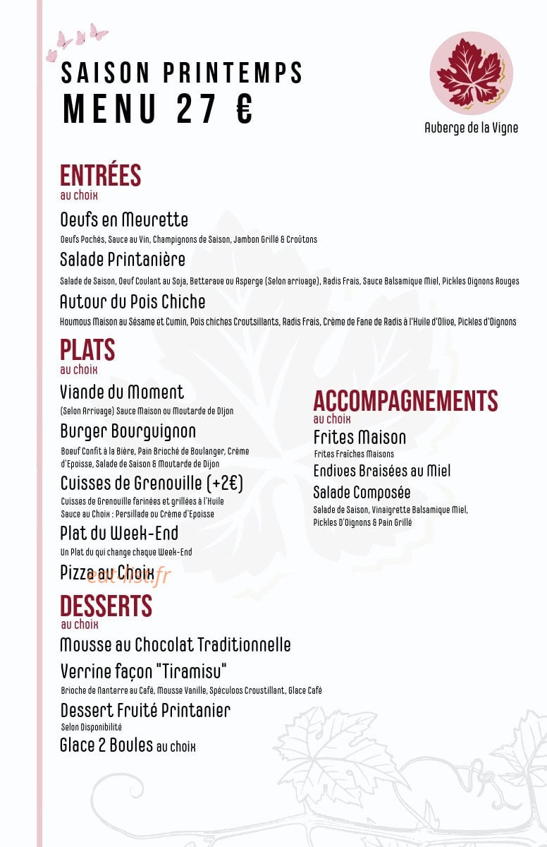 Carte et menu de Auberge de la Vigne à Saint Romain Sous Gourdon — Le menu 27€