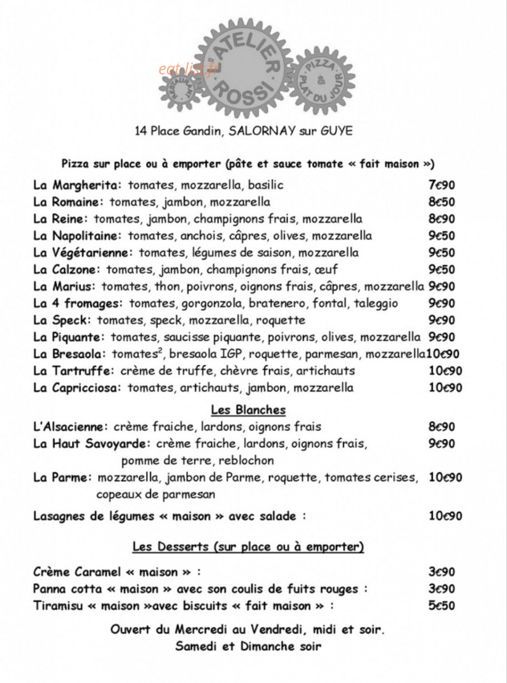 Carte et menu de L'Atelier Rossi à Salornay sur Guye — Les pizzas et desserts