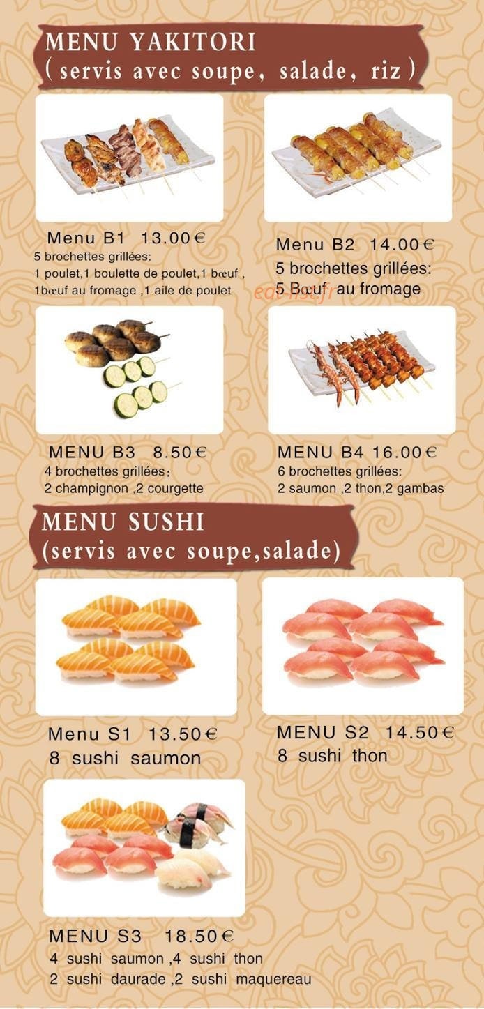 Carte et menu de Kouunn Sushi à Montceau les Mines — Le menu yakitoris et menu sushis