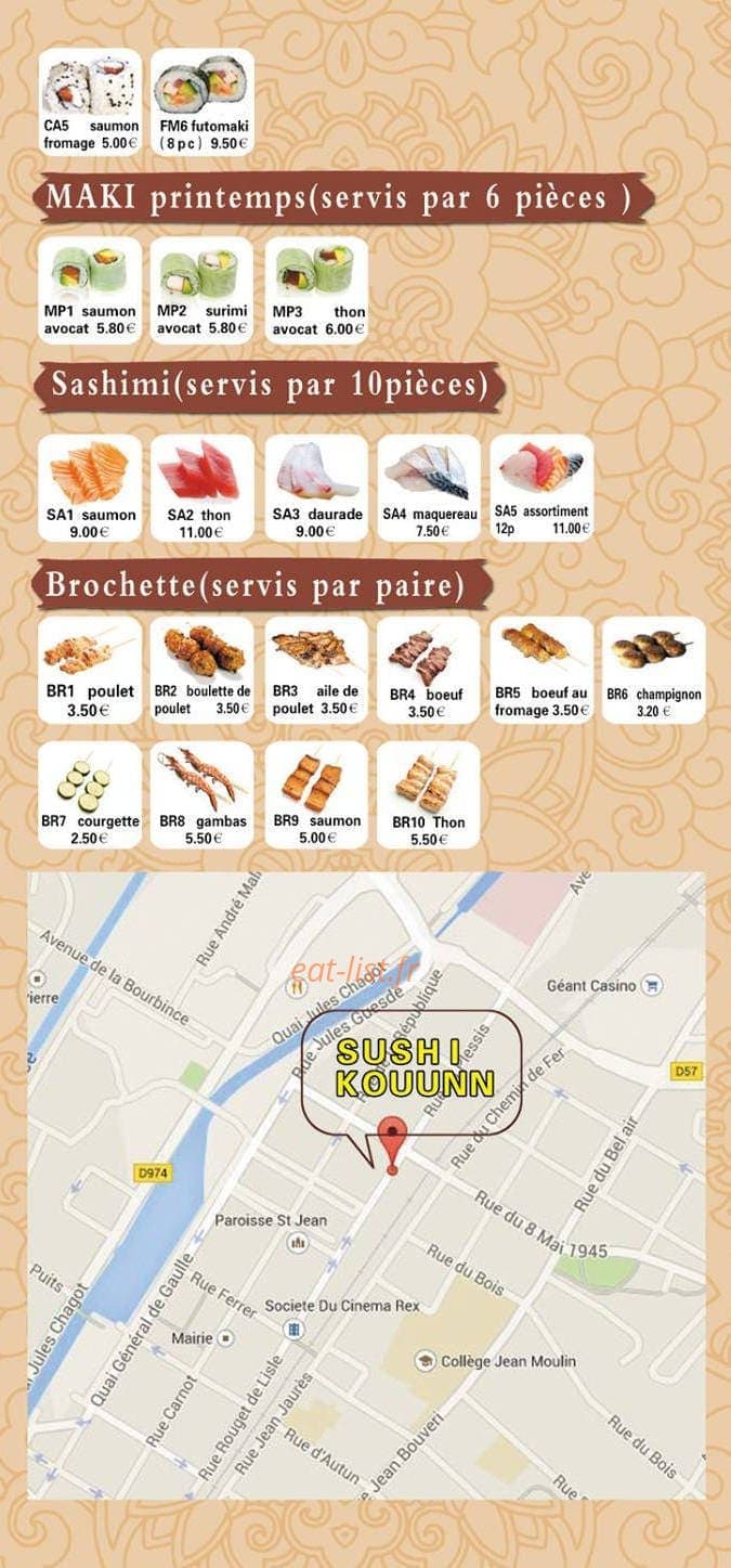 Carte et menu de Kouunn Sushi à Montceau les Mines — Les makis printamps, sashimis et brochettes