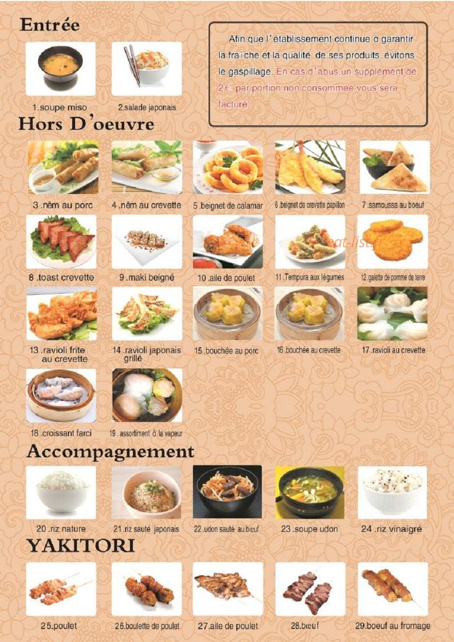 Carte et menu de Kouunn Sushi à Montceau les Mines — Les entrées, hors d' oeuvre, accompagnements et yakitoris