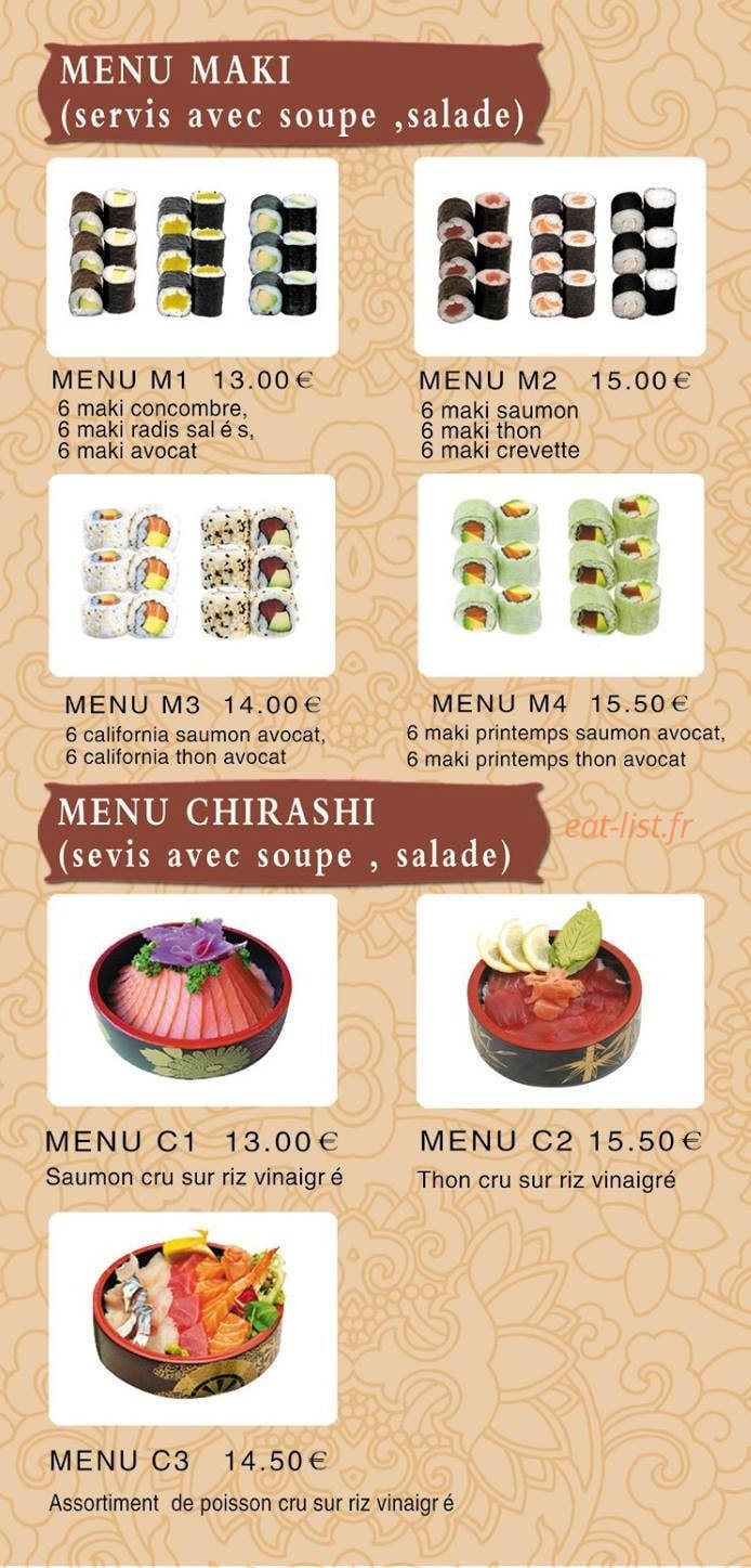 Carte et menu de Kouunn Sushi à Montceau les Mines — Le menu makis et menu chirashis
