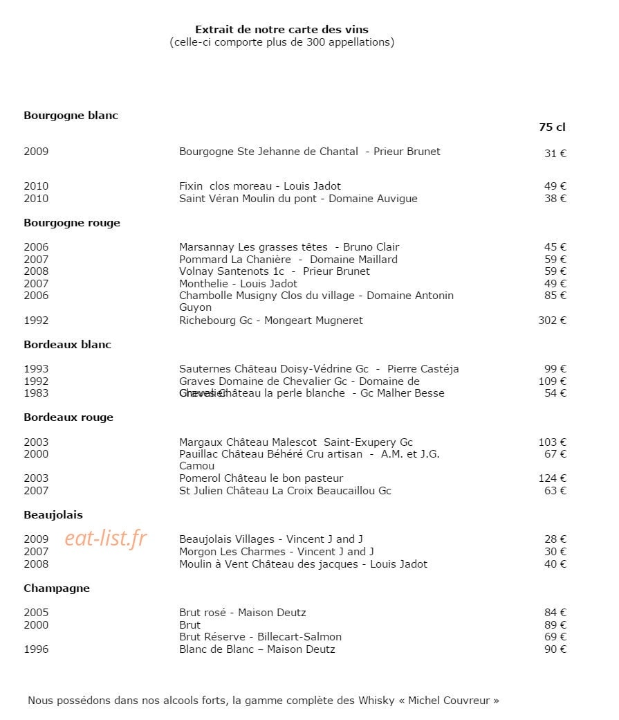 Carte et menu de Le Moulin d'Hauterive à Saint Gervais en Valliere — Extrait de la carte des vins