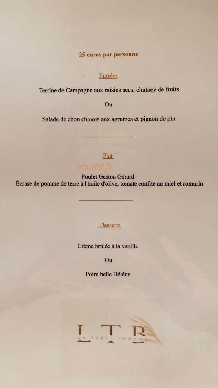 La Tablée Bohème — carte page 1