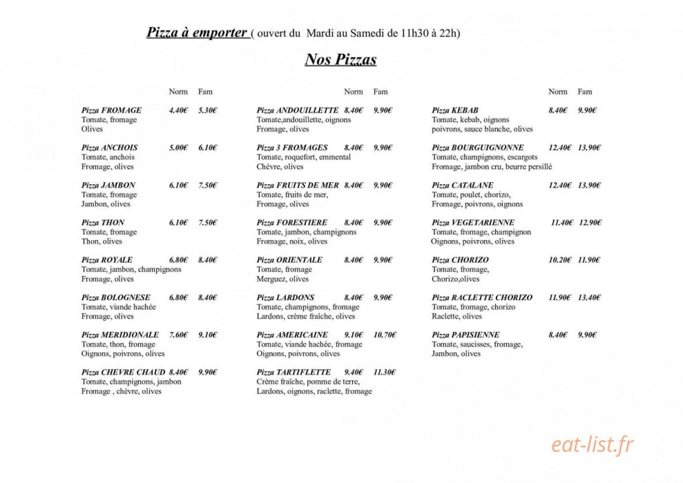 Pizza à Emporter — carte page 1