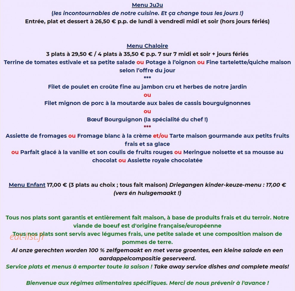 Carte et menu de Auberge de la Chaloire à La Petite Verriere — Les menus