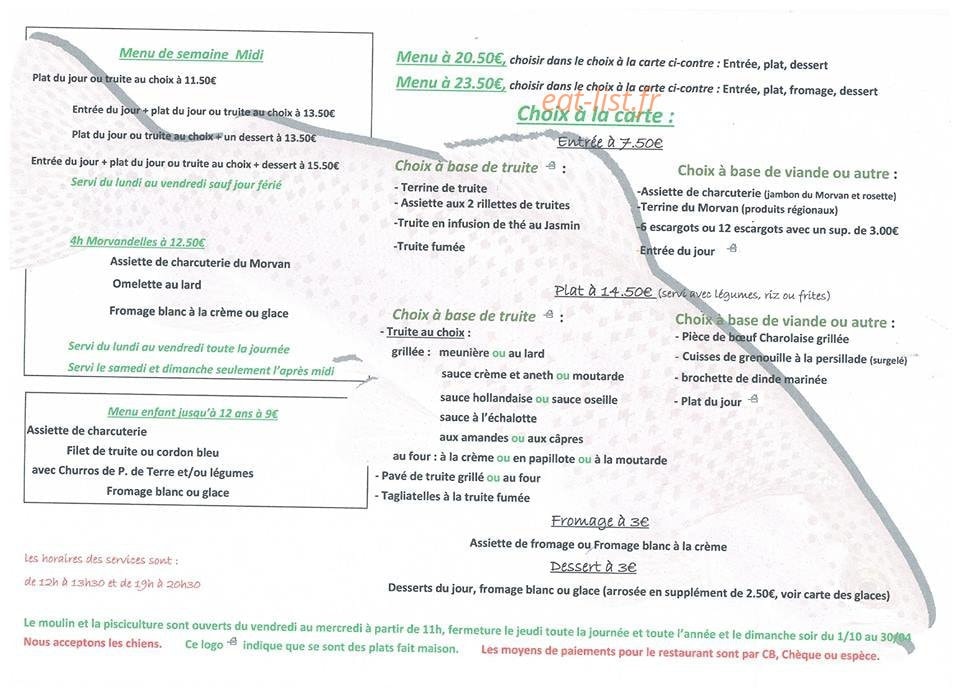 Carte et menu de Le Moulin de la Petite Verrière à La Petite Verriere — Menus, entrées, plats,...