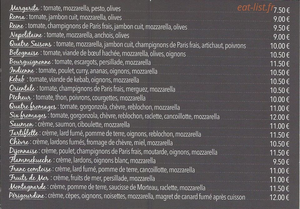 Atelier A Pizza — carte page 1