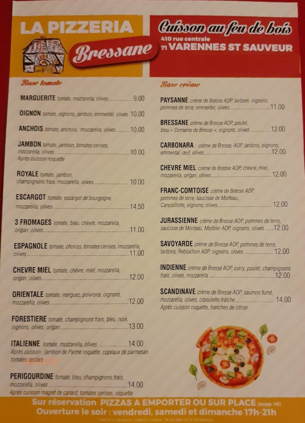 Carte et menu de La Pizzeria Bressane à Varennes Saint Sauveur — La carte