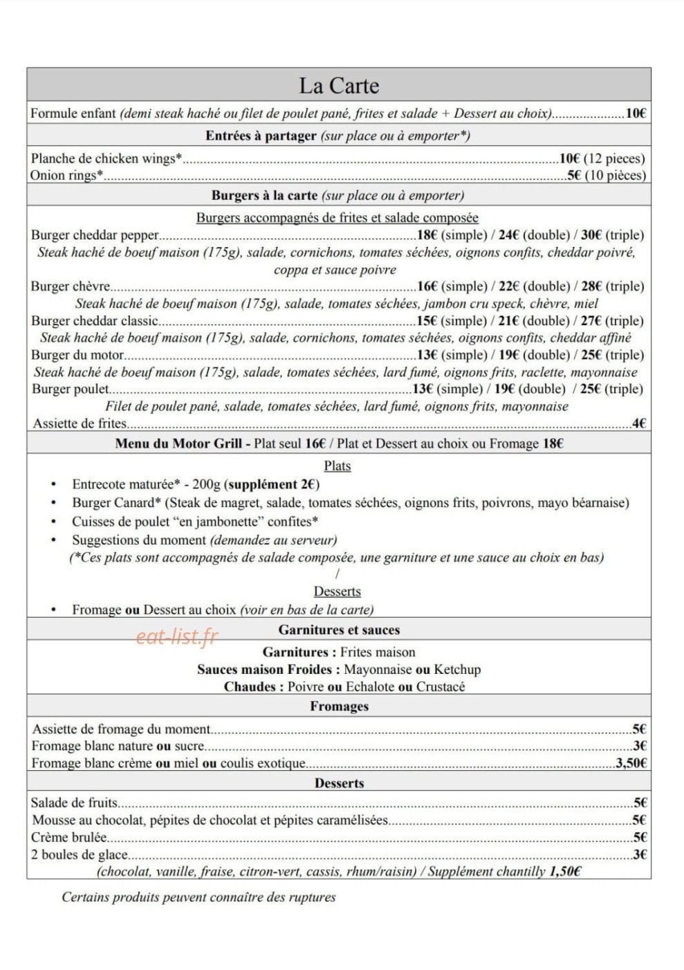 Le Motor Grill — carte page 1