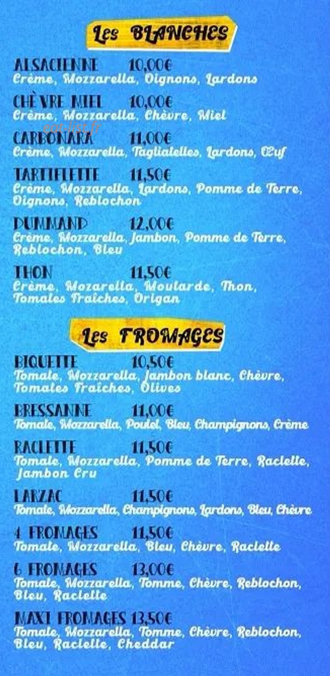 Carte et menu de TeD'PiZz by Cyril à La Chapelle de Guinchay — Les blanches, fromages