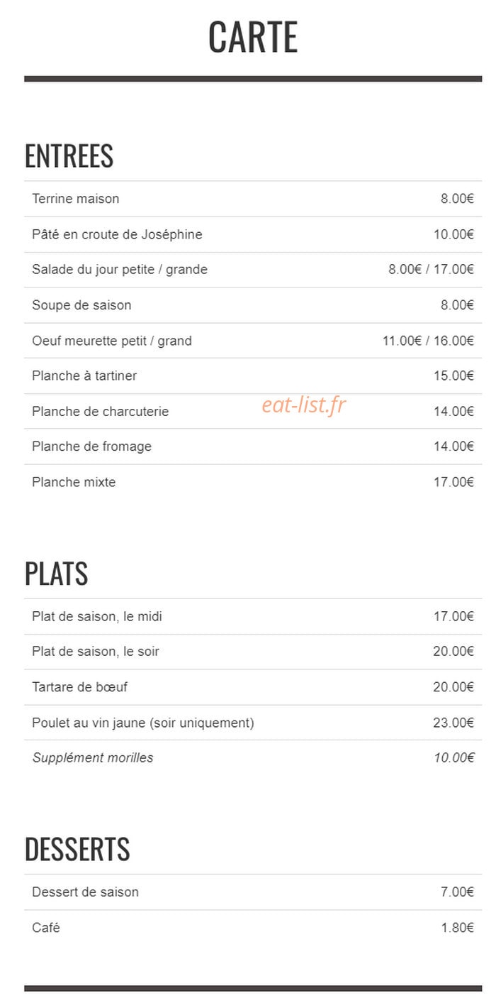 Joséphine à Table — carte page 1