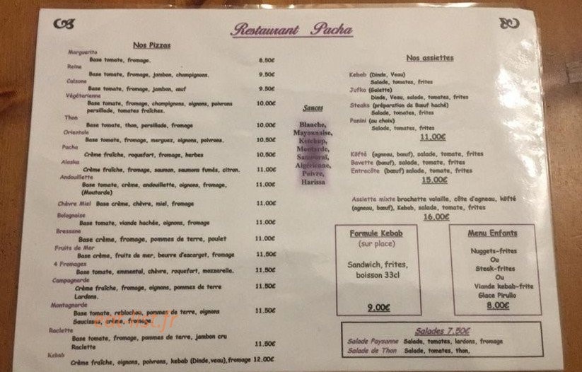 Restaurant pacha — carte page 1