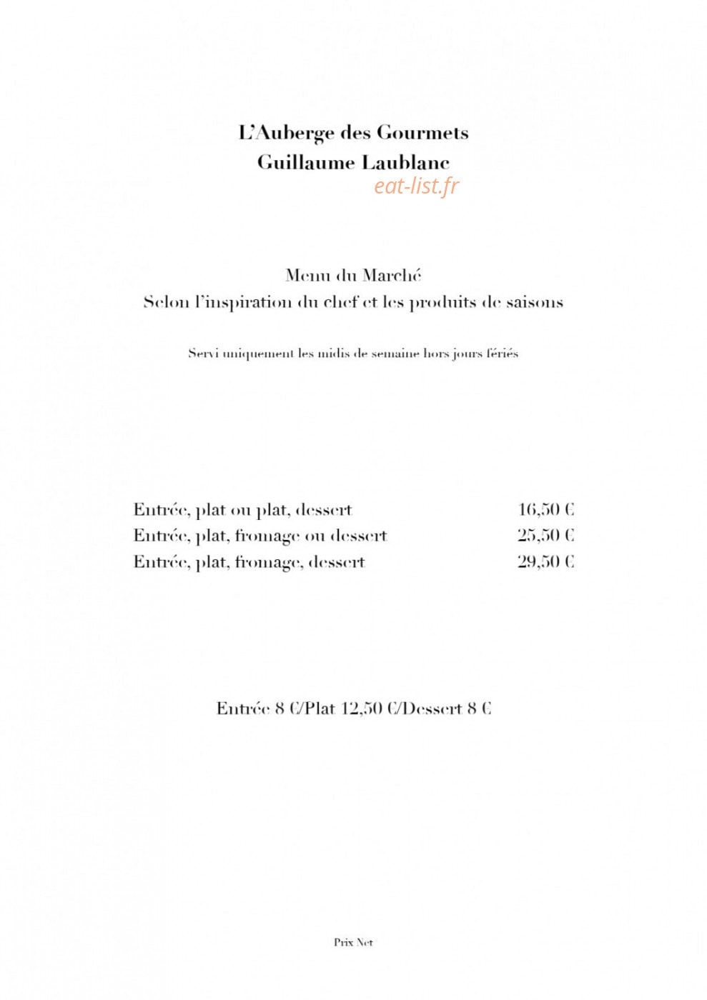 L'Auberge des Gourmets — carte page 1