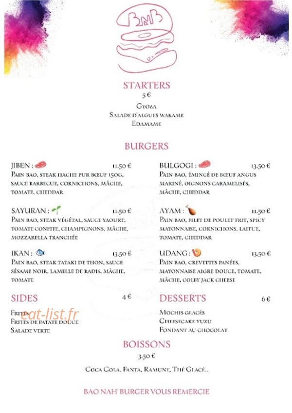 Bao Nah Burger — carte page 1
