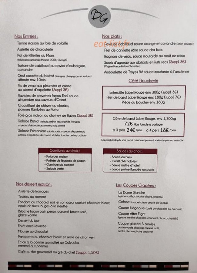 Bistrot des gourmets — carte page 1