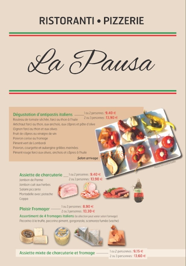 La Pausa pizza — carte page 1
