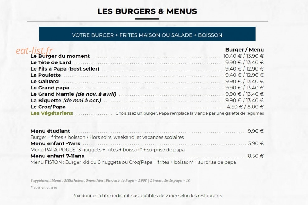 Les Burgers de Papa — carte page 2